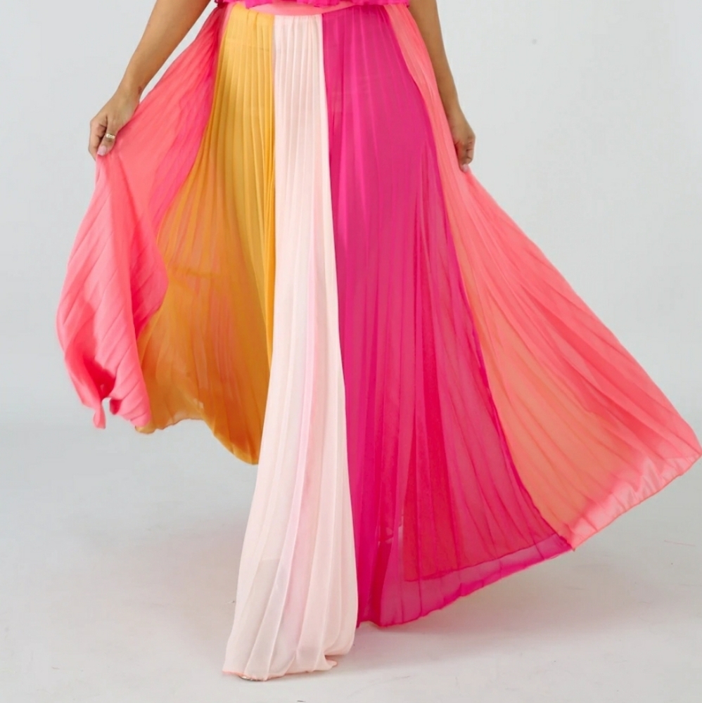 Luxxel Colorblock Pleated Maxi Skirt in Pink, Coral, Yellow & Cream